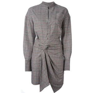 Isabel Marant Gray Plaid Long Sleeve Knot-Waist Dress